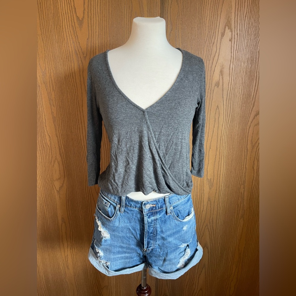 Gray Wrap Three Quarter Sleeve Top